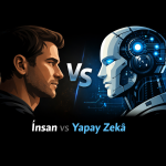 İnsan yüzü ile yapay zekâ robotunun karşı karşıya geldiği, içerik üretiminde insan faktörünü temsil eden görsel.
