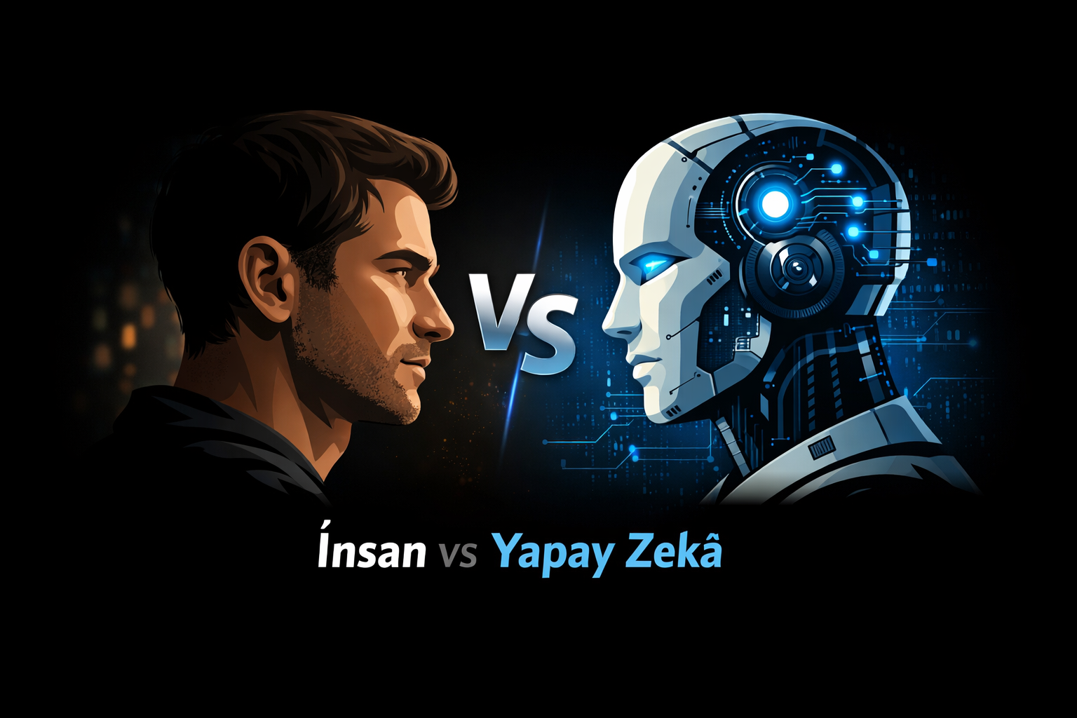 İnsan yüzü ile yapay zekâ robotunun karşı karşıya geldiği, içerik üretiminde insan faktörünü temsil eden görsel.