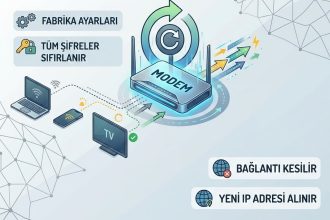 Modeme reset atınca ne olur sorusuna teknik yanıtlar veren; fabrika ayarları, şifre sıfırlama ve yeni IP adresi alma sürecini gösteren kare bilgilendirme görseli.