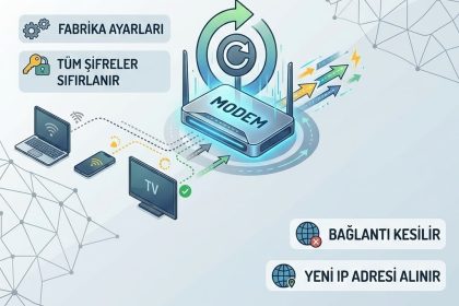 Modeme reset atınca ne olur sorusuna teknik yanıtlar veren; fabrika ayarları, şifre sıfırlama ve yeni IP adresi alma sürecini gösteren kare bilgilendirme görseli.