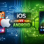 iOS ve Android sistemlerini temsil eden modern teknoloji ve devre kartı görseli