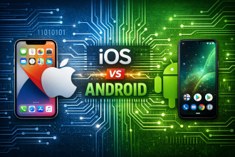iOS ve Android sistemlerini temsil eden modern teknoloji ve devre kartı görseli