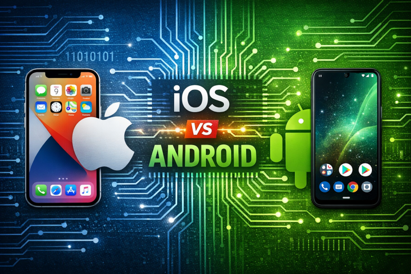 iOS ve Android sistemlerini temsil eden modern teknoloji ve devre kartı görseli