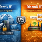Statik IP ve dinamik IP farkını gösteren modem ve internet bağlantısı karşılaştırma görseli