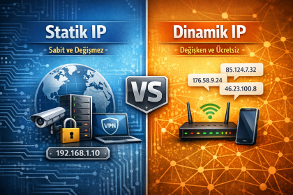 Statik IP ve dinamik IP farkını gösteren modem ve internet bağlantısı karşılaştırma görseli