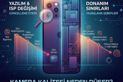 Telefon güncellemesi sonrası kamera kalitesindeki düşüşün ve yavaşlamanın teknik nedenlerini gösteren şema