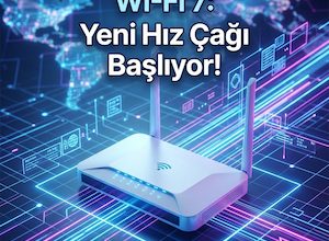 Wi-Fi 7 teknolojisini temsil eden modern modem ve yüksek hızlı veri akışı görseli