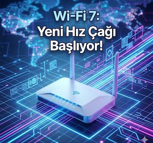 Wi-Fi 7 teknolojisini temsil eden modern modem ve yüksek hızlı veri akışı görseli