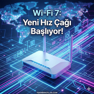 Wi-Fi 7 teknolojisini temsil eden modern modem ve yüksek hızlı veri akışı görseli