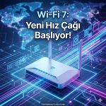 Wi-Fi 7 teknolojisini temsil eden modern modem ve yüksek hızlı veri akışı görseli