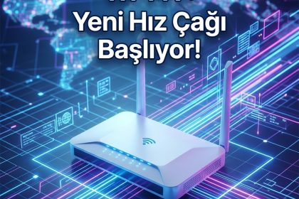 Wi-Fi 7 teknolojisini temsil eden modern modem ve yüksek hızlı veri akışı görseli